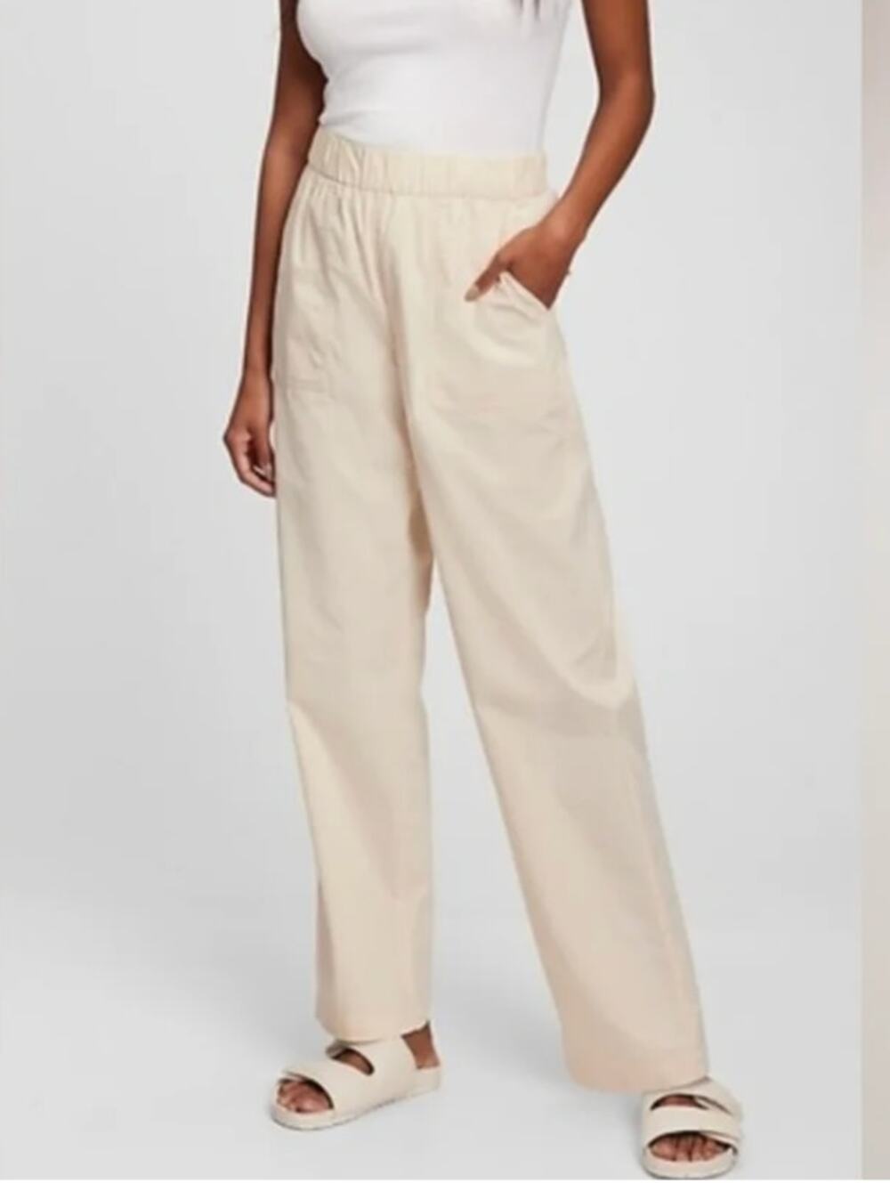 GAP Elastic Waist Twill Straight Leg Chino Khaki Pants Cream Medium